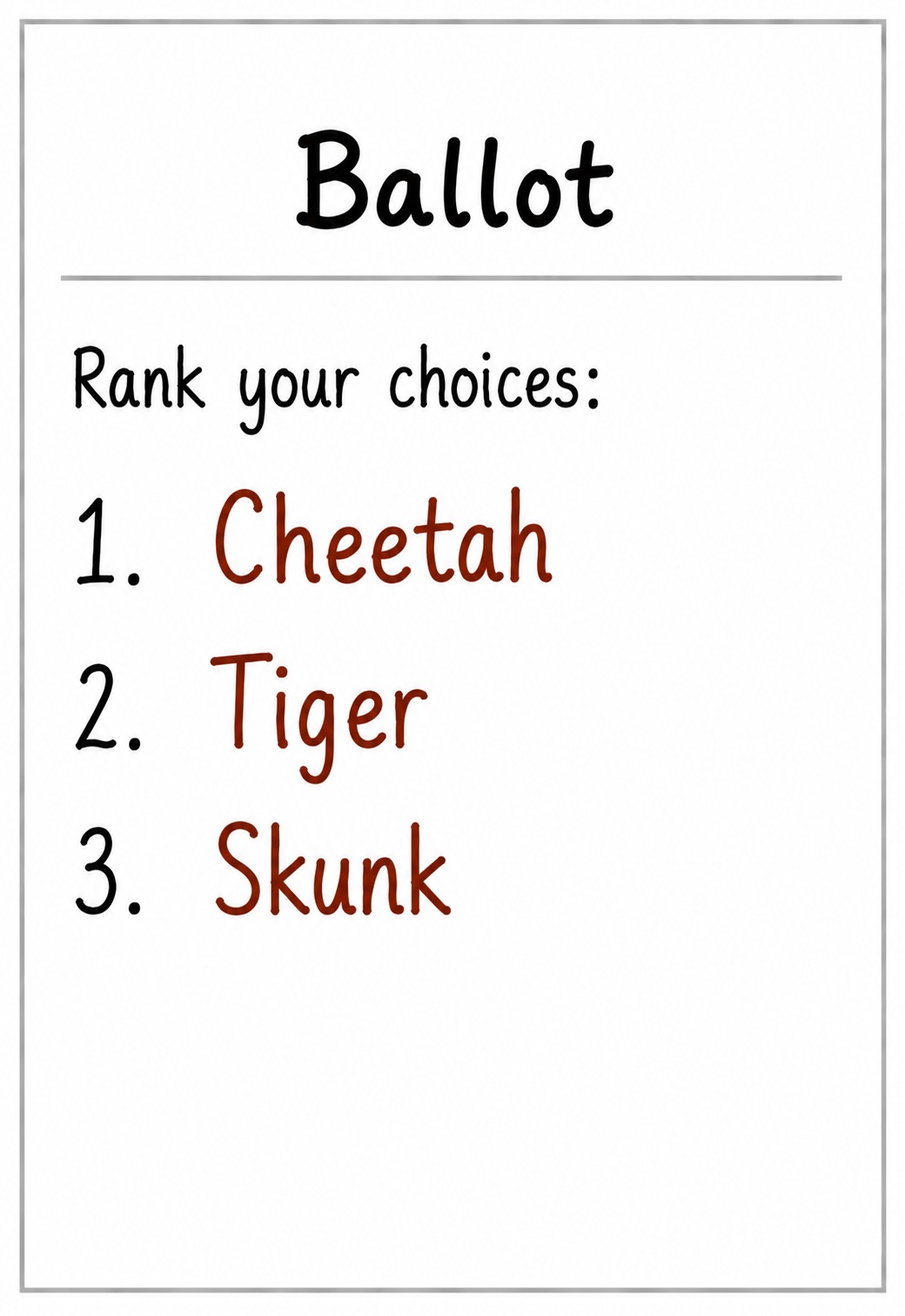 Cheetah, Tiger, Skunk ballot
